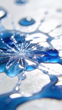 Vertical video: Depositing nozzle forming droplet and merging into blue pool on white table for art