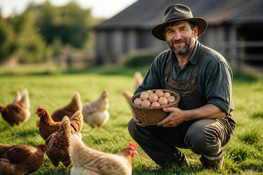 A bearded man in overalls kneels in a grassy field surrounded by chickens, holding a basket of eggs.