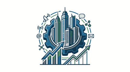 Fototapeta premium Professional Business Management Illustration Featuring Modern Office Skyscrapers and Gear Concept