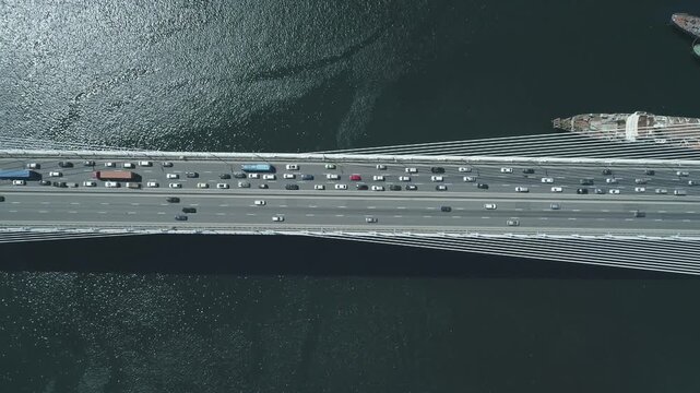 Aerial drone view of The Zolotoy Golden Bridge. Cable-stayed bridge across the Zolotoy Rog (Golden Horn) in Vladivostok, Russia
