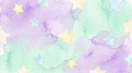 Fototapeta premium Watercolor background with pastel purple and green clouds and stars