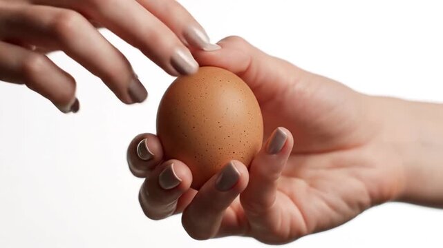 Hands carefully passing a brown egg from one hand to another