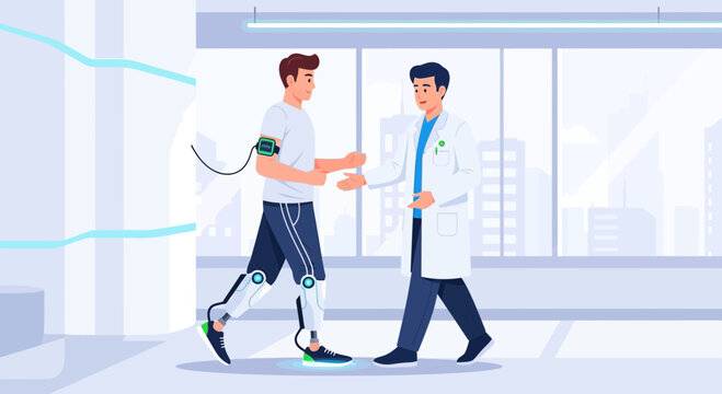 Doctor helping patient with futuristic bionic leg prosthesis in modern clinic