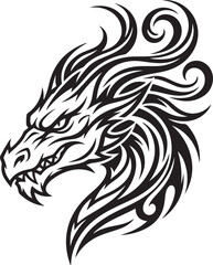 Fototapeta premium Black and white dragon head logo design with tribal style lines for fantasy tattoo art or sports team mascot emblem