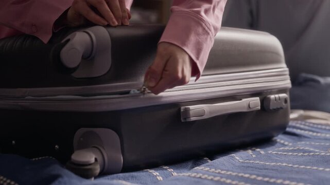 Cropped shot of woman pressing down and zipping up overpacked suitcase on bed. Footage is ideal for travel agency commercials, vacation planning promos, and luggage brand advertisements