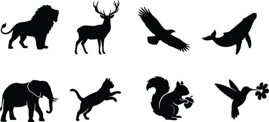 Fototapeta premium Set of black animal silhouettes isolated on white background for wild nature and wildlife graphic design concepts