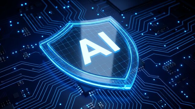 A glowing glass shield icon featuring the letters ai rendered in a bright neon blue light with a digital texture