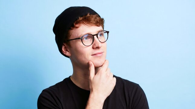 Young man with ginger hair wearing a black beanie and glasses looks thoughtful while resting his chin on hand
