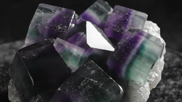 Stunning purple and green fluorite crystal cluster showcasing geometric cubic formations and natural beauty