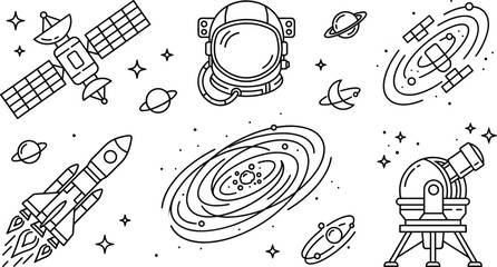 Solar system outer space astronomy vector elements doodle set with satellite rocket astronaut helmet galaxy and observatory telescope © Mstshneha