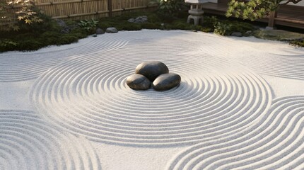 Obraz premium Zen Garden Harmony: Raked Sand Circles and Stones, Tranquil Japanese Landscape