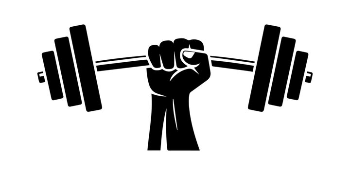 Weight Lifting Fist Hand Holding Barbell Concept   silhouette vector white background , A weight lifting or weightlifting fist hand holding a heavy barbell or dumbbell concept.