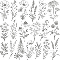 Fototapeta premium Vintage botanical illustration collection wildflower and herb sketch set