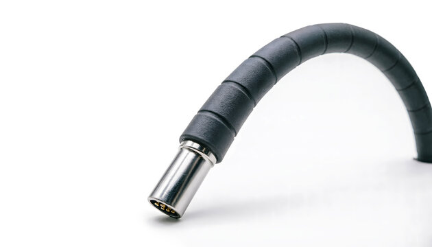 Detail of an EV charging cable with a visible, high-quality protective sleeve, shot against a stark white background.