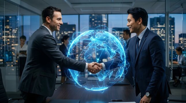 This image captures a dynamic corporate handshake set against a backdrop of glowing blue technology symbolizing successful partnership digital connection