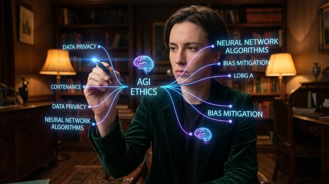 A woman researcher interacting with a holographic interface displaying agi ethics concepts in a library setting