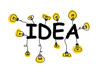 Creative handwritten idea word concept with glowing yellow lightbulbs. Hand drawn brainstorming vector illustration. © EkoPriyatno
