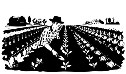 Farmer cultivating crops in farmland vector illustration © MstLiza