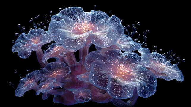 Glowing jellyfish cluster hyper realistic bioluminescent underwater delicate ethereal transparent marine life fantasy dark background