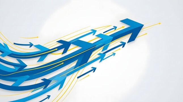 A modern and dynamic graphic featuring flowing blue arrow elements set against a minimalist background  This visual design symbolizes movement direction progress
