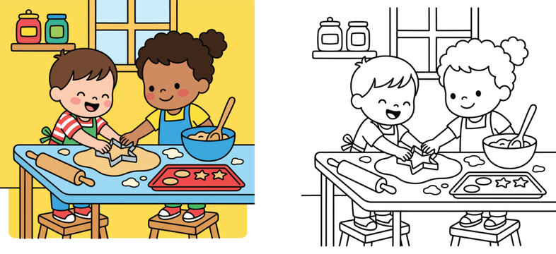 Cute children baking cookies vector illustration with coloring book page template, little boy and girl in kitchen preparing dough, rolling pin, baking sheet and cookie cutters.