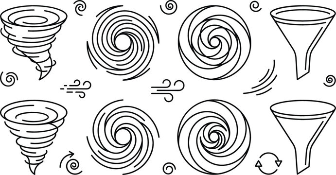 Weather forecast funnel tornado cyclone traditional vector elements doodle set with whirlwind storm hurricane vortex wind swirl and swirls