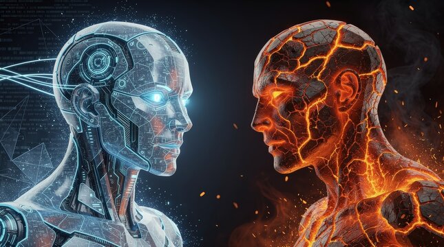 A futuristic digital illustration showing a face-off between a glowing blue robot and a fiery lava-textured human figure.