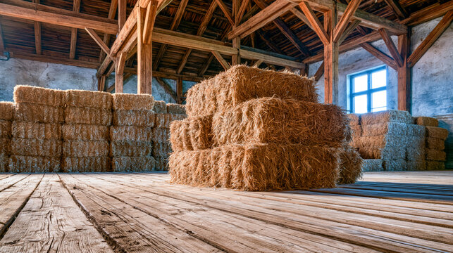 Stacked straw bales fill an old barn hayloft. Rustic wooden floorboards and exposed beams create an agricultural setting, with light entering through a distant window.