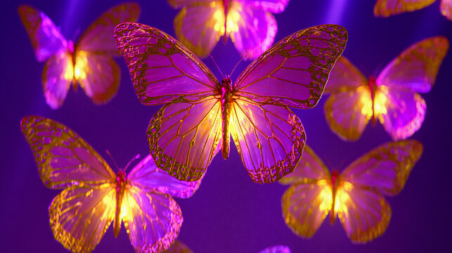 Several surreal pink gold butterflies glow with light against a spectral violet dreamcore fantasy background.