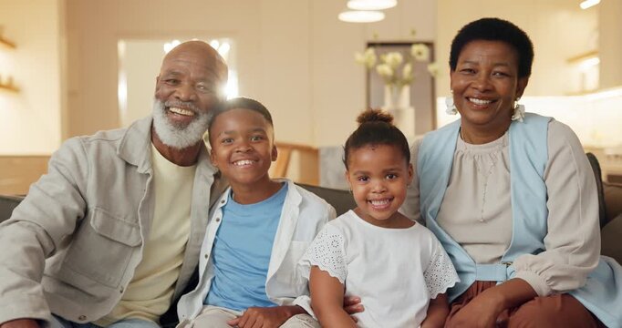 Face, grandparents and relax in home with children, love and support for bonding together. Portrait, senior parents or kids on sofa with happiness, connection and black family for babysitting weekend