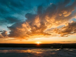 Obraz premium Vibrant sunset over a vast landscape with mammatus clouds