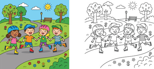 Naklejka premium Cute children roller skating in park coloring page and colored vector illustration set. Happy kids rollerblading outdoors, safety gear, summer activity, educational page for children.