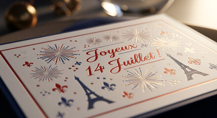 Joyeux 14 Juillet card with Eiffel Tower and fireworks illustration