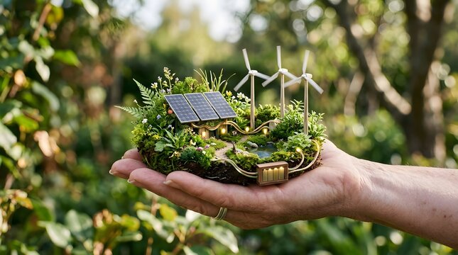 Visual concept illustrating the vital connection between human hands and sustainable energy symbolizing responsibility for environmental conservation and future technological innovation