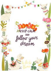 Fototapeta premium Vector Cute Cartoon Frame with Cute Alpacas and Flowers