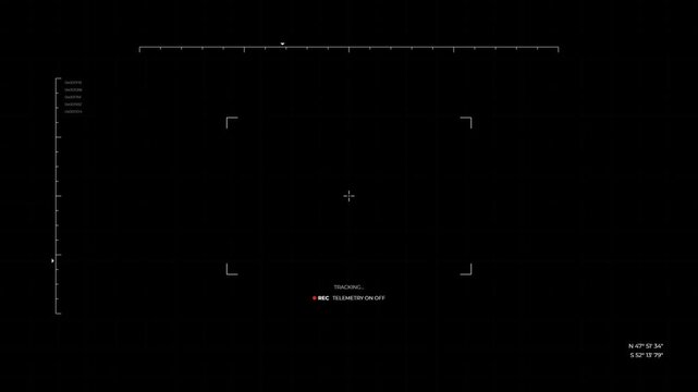 Tactical digital viewfinder overlay with futuristic telemetry data for sci-fi surveillance or cockpit simulation 4k video