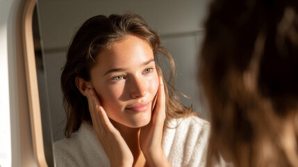 Fototapeta premium Woman Admiring Healthy Skin During Morning Beauty Routine