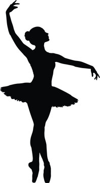 Elegant ballerina silhouette graceful dance pose in black against white background