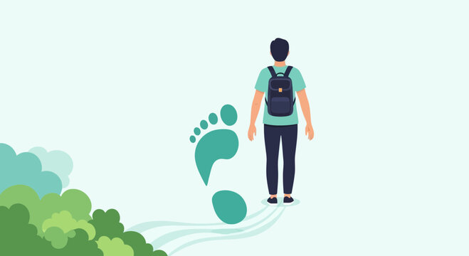 Person with backpack, walking with a green footprint and nature background
