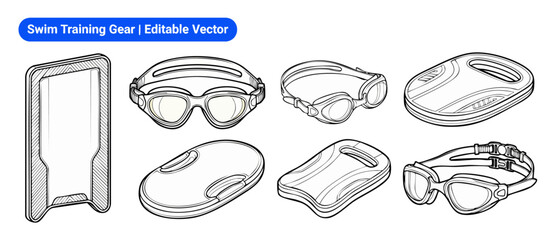 Swim training gear vector icons representing swimming equipment like kickboards, goggles, pull buoys for water fitness workout in a pool isolated black outline graphic elements set for coloring books. © Dinali