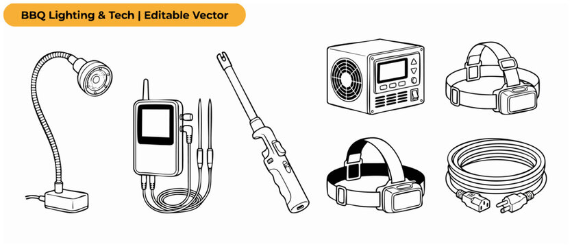 Barbecue grill accessories vector icons set featuring flexible gooseneck light, digital meat thermometer with probes, electric lighter, temperature controller fan, headlamp, and power cable outline.