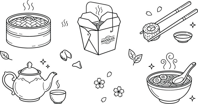 Asian food Chinese traditional vector elements doodle set with dim sum noodles box chopsticks sushi teapot and ramen