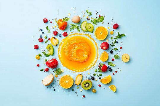Fresh fruit and vegetable smoothie bowl ingredients on blue background