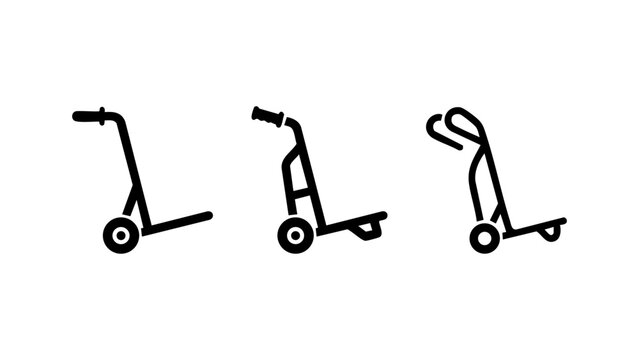 Set of three black hand truck cart icons for moving goods
