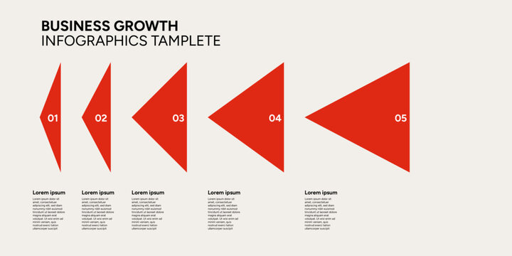 Modern 5 Step Minimalist Business Growth Infographic Presentation Template with Expanding Red Triangles