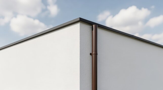 Minimalist photo of a building corner with white walls and a brown drainpipe against a partly cloudy blue sky.