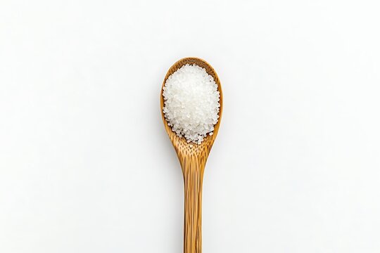 Wooden spoon filled with sea salt isolated on white background