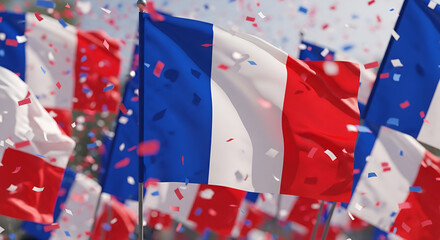 French Flag Waving, Confetti Falling, Celebration, Patriotism, Independence Day