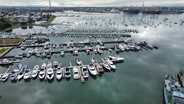 Williamstown marina with moored boats and city skyline