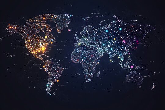 Digital world map visualization with glowing network nodes and data points